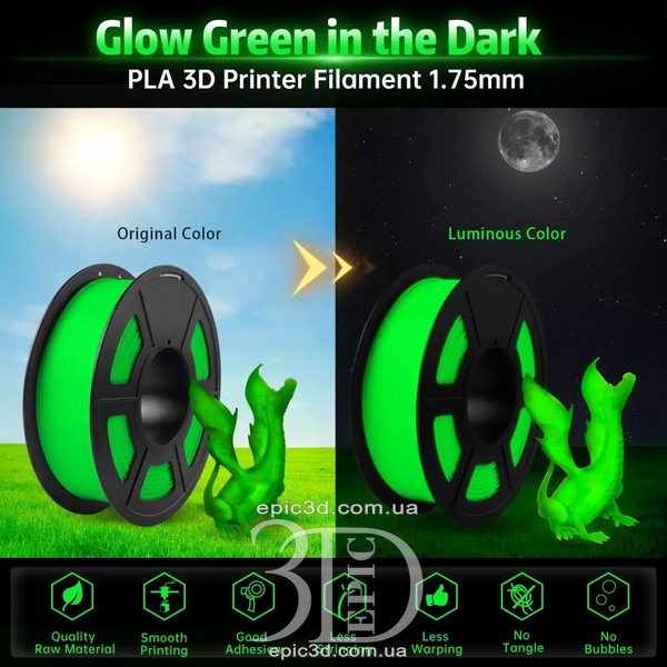 SUNLU PLA Glow In The Dark Green - Зелений, що світиться у темряві пластик/філамент для 3D-принтера 1.75 мм 1 кг fl-0125 фото